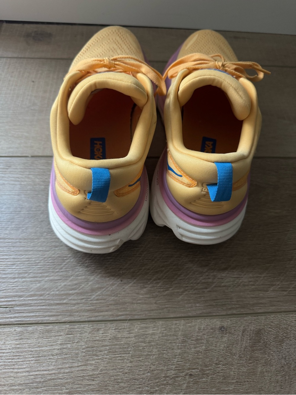 Hoka Bondi 8 Peachy Yellow with Purple & Blue Accents - Picture 3 of 4